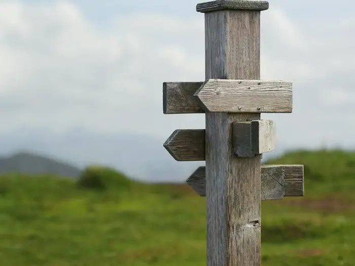 Hölzerner Wegweiser auf einer weiten Wiese unter offenem Himmel